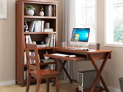 Wooden Desk Interior With Computer Chair Bookshelf Books Decorations And Window Light 3d model