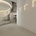 Modern Public Office Space With Glass Partitions Wooden Columns Desks Computers Chairs And Soft Lighting