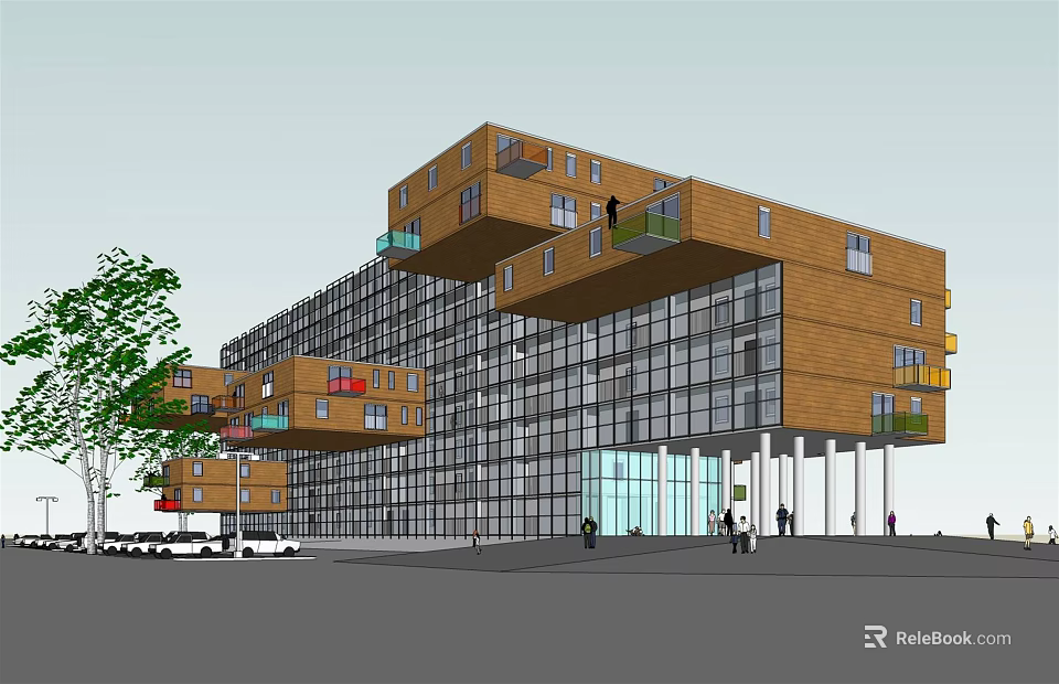 Modern Architectural Building With Wooden Facade Glass Structure And Cantilevered Balconies Greenery Pedestrians And Cars 3d model 