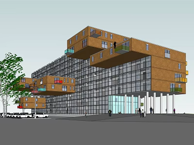 Modern Architectural Building With Wooden Facade Glass Structure And Cantilevered Balconies Greenery Pedestrians And Cars 3d model