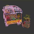 Yellow Cart With Blue And White Striped Canopy Green Chair Wooden Crates And Flowers