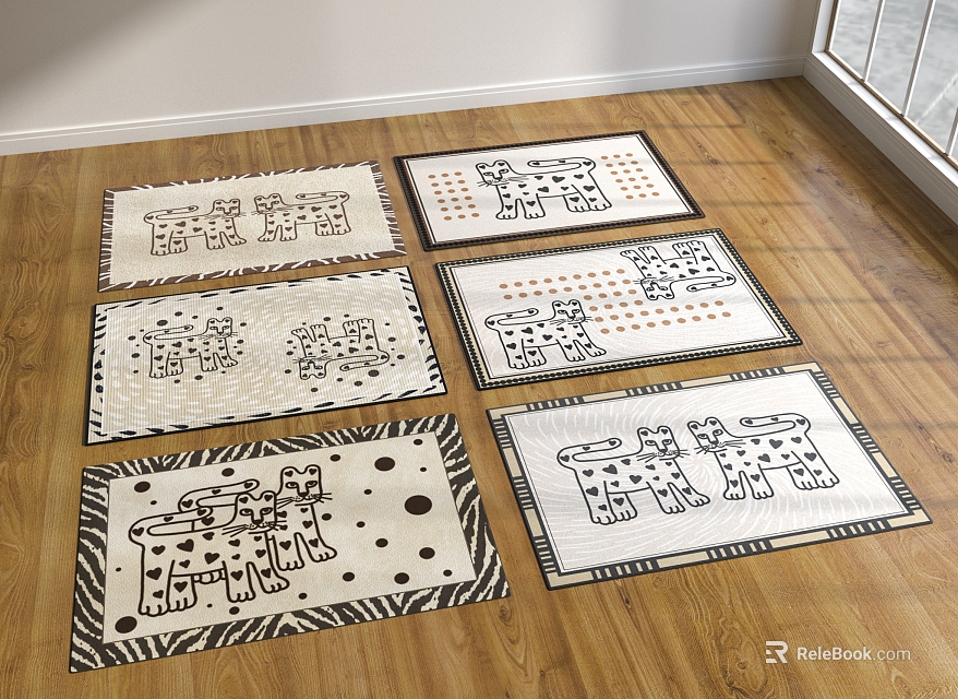 Multiple Square Rugs With Different Patterns For Modern Home Decor On Wooden Floor 3d model 