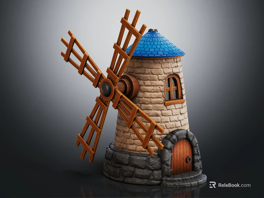 Decorative Windmill Model with Wooden Blades Blue Roof Stone Tower Small Window and Wooden Door 3d model 
