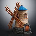 Decorative Windmill Model with Wooden Blades Blue Roof Stone Tower Small Window and Wooden Door