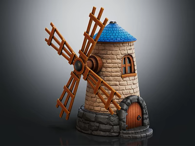 Decorative Windmill Model with Wooden Blades Blue Roof Stone Tower Small Window and Wooden Door 3d model