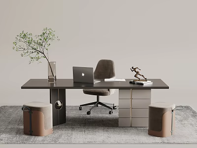 Modern Black Desk With Laptop Green Plant Office Chair And Stools On Rug 3d model