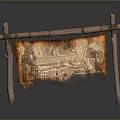 Old Map with Worn Edges Hanging on Wooden Stand Brownish Yellow Decorative Household Item