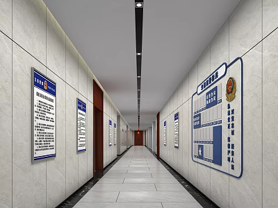 Elevator Hallway Interior With Tile Walls Information Signs And Recessed Lighting 3d model