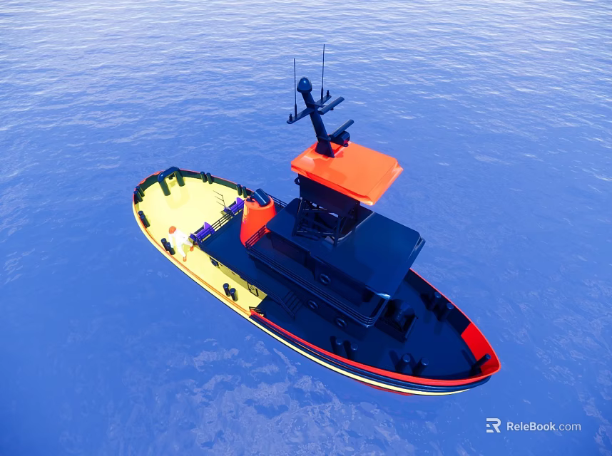 Tugboat With Orange Top And Black Body Sailing On Blue Sea Surface 3d model 
