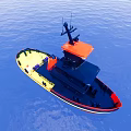Tugboat With Orange Top And Black Body Sailing On Blue Sea Surface