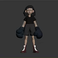 3D Character Girl Wearing Black Shirt Black Shorts Blue Boxing Gloves And Red Sneakers