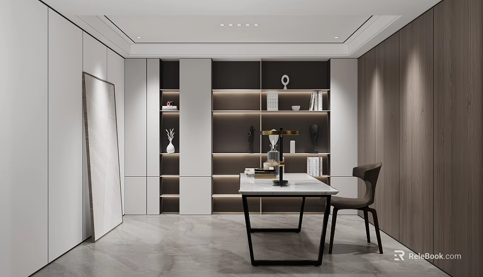 Minimalist Modern Study Room With Built in Shelves Desk Chair And Decor 3d model 