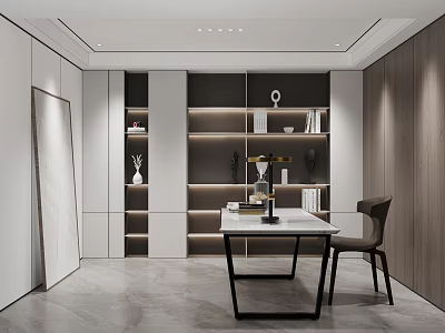 Minimalist Modern Study Room With Built in Shelves Desk Chair And Decor 3d model