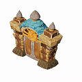 Decorative Medieval Tower With Stone Walls Spires Blue Roof And Wooden Door