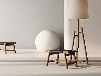Modern Wooden Stools With Black Seats And Floor Lamp In Minimalist Space 3d model