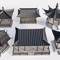 Chinese Traditional Pavilion Models With Various Roof Styles And Wooden Structures