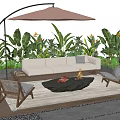 Outdoor Sofa with Umbrella Green Plants Fire Pit Coffee Table and Wooden Deck Chairs
