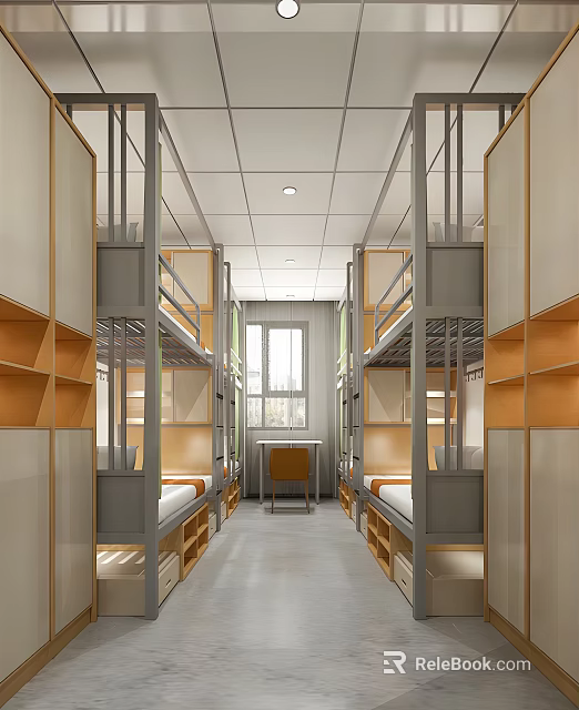 Modern Dormitory Room With Bunk Beds Wooden Lockers And Study Desk 3d model 