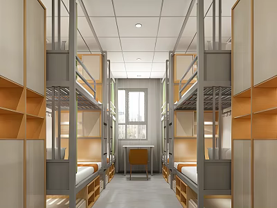 Modern Dormitory Room With Bunk Beds Wooden Lockers And Study Desk 3d model