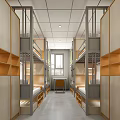 Modern Dormitory Room With Bunk Beds Wooden Lockers And Study Desk