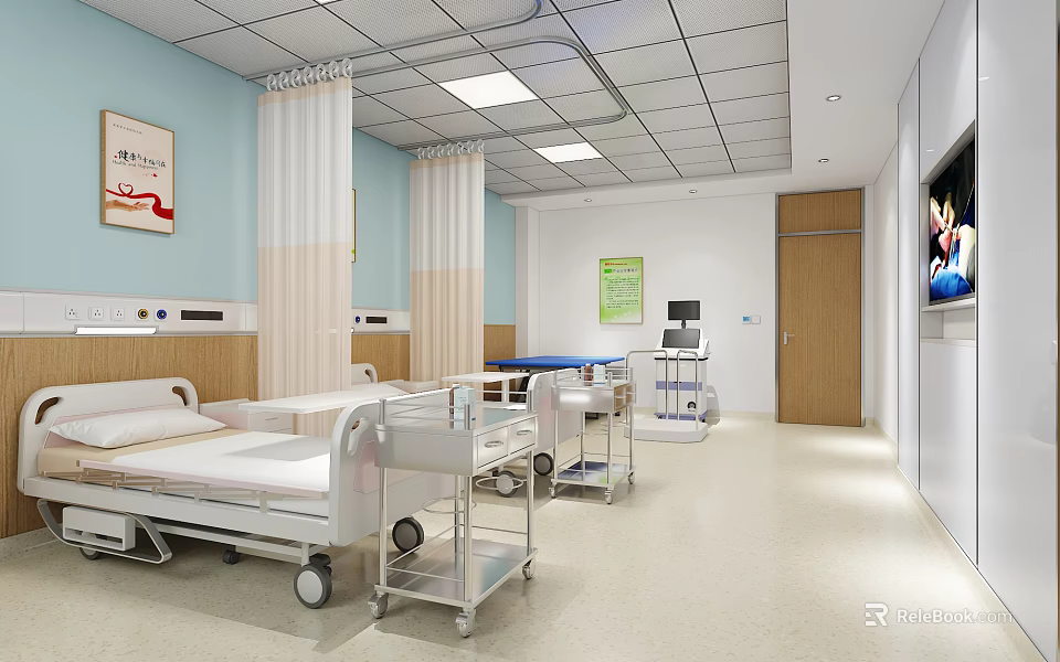 Spacious Hospital Ward Interior With Medical Beds Equipment TV And Curtains 3d model 