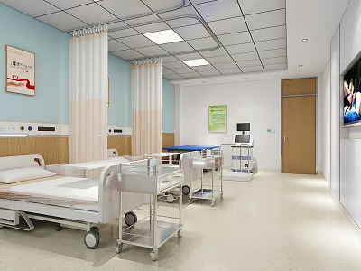 Spacious Hospital Ward Interior With Medical Beds Equipment TV And Curtains 3d model