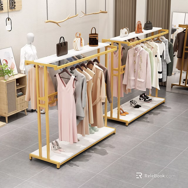 Gold Clothing Racks Displaying Dresses Coats And Apparel In Retail Store With Bags And Shoes 3d model 