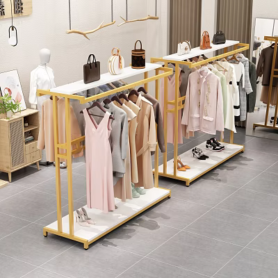 Gold Clothing Racks Displaying Dresses Coats And Apparel In Retail Store With Bags And Shoes 3d model