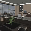 Modern Office Interior With Large Windows Wooden Bookshelves Desks Chairs And Green Plants