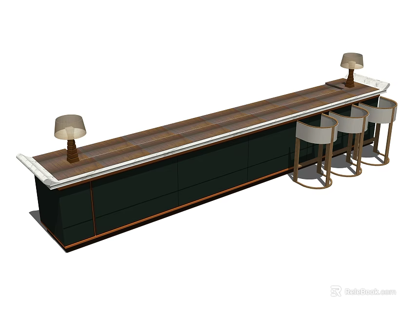 Modern Bar Counter With Wooden Top Dark Cabinets Table Lamps And Bar Stools 3d model 