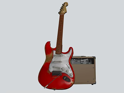 Red Electric Guitar With Distressed Red Body And Vintage Amplifier 3d model
