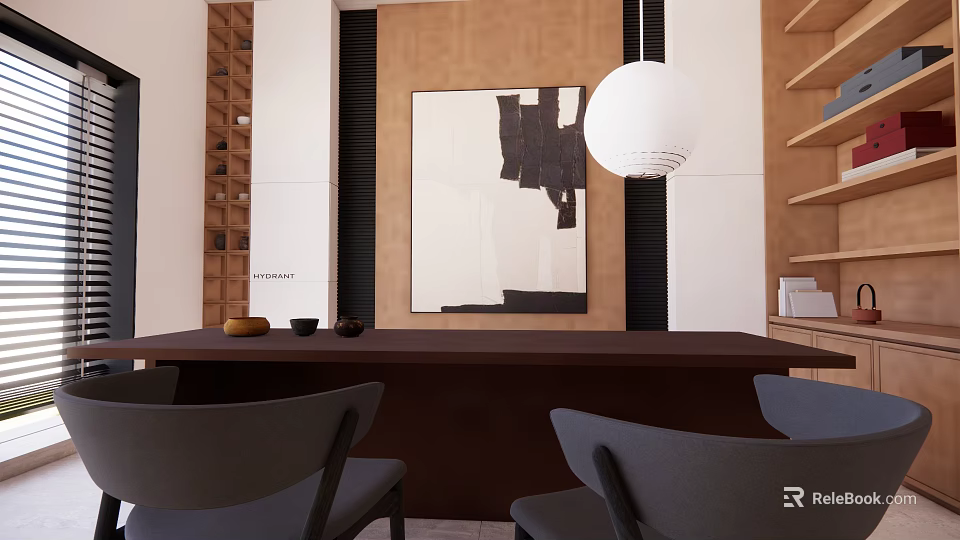 Modern Reception Lounge Interior With Wooden Table Gray Chairs Abstract Wall Art And Pendant Light 3d model 