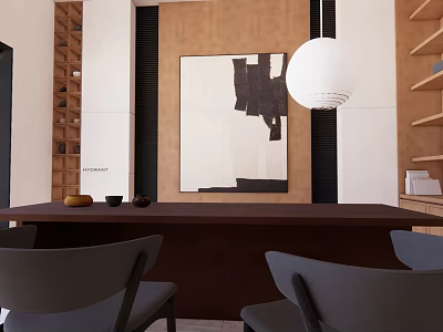 Modern Reception Lounge Interior With Wooden Table Gray Chairs Abstract Wall Art And Pendant Light 3d model