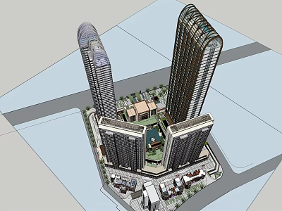 Modern Urban Complex Featuring Two Tall Buildings And Central Green Space 3d model