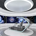 Modern White Exhibition Hall With Curved Lines Blue Screens And Hi Tech Circular Design