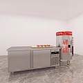 Stainless Steel Workbench With Fruits And Beverage Display Cooler With Red Signboard