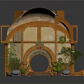 Traditional Thatched Roof Cottage With Wooden Structure Round Door Surrounding Plants And Stone Steps