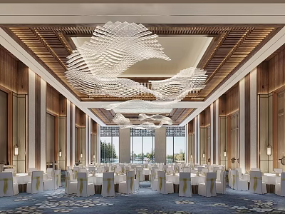 Luxurious Banquet Hall Interior With Elegant Chandeliers Wooden Walls Large Windows And Tables 3d model