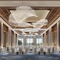 Luxurious Banquet Hall Interior With Elegant Chandeliers Wooden Walls Large Windows And Tables