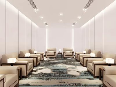 Elegant Hotel Public Lounge Area With Beige Sofas Lamps Patterned Carpet And White Walls 3d model