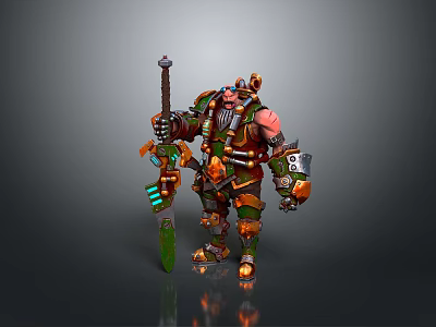 Game Movie Character Muscular Warrior with Green Orange Armor Giant Axe and Bearded Dwarf Design 3d model