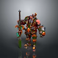 Game Movie Character Muscular Warrior with Green Orange Armor Giant Axe and Bearded Dwarf Design