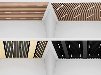 Modern Ceiling Design Featuring Wooden Stripes And Black Grid Patterns 3d model