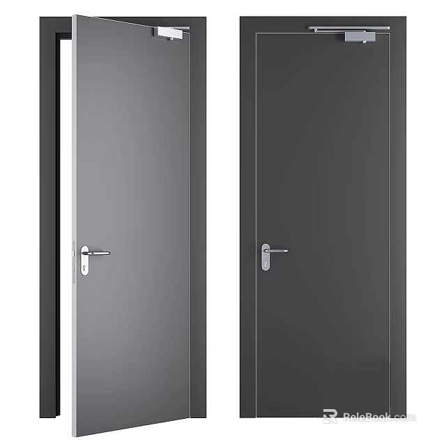Two Modern Dark Gray Hinged Doors With Sleek Surface And Metal Handle Design 3d model 