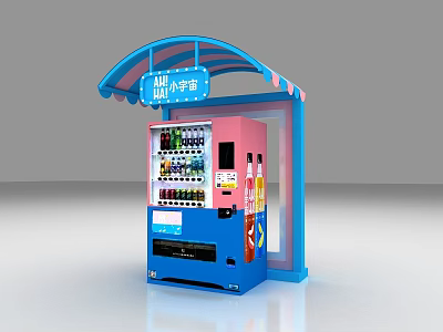 Colorful Blue Pink Vending Machine With Canopy Small Shop Sign And Assorted Drinks 3d model
