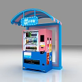 Colorful Blue Pink Vending Machine With Canopy Small Shop Sign And Assorted Drinks