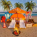Summer Beach Scene With Orange Umbrella White Lounge Chairs Fire Pit And Palms