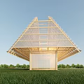 Modern Wooden House With Triangular Roof And Open Wooden Frame In Green Grass Field