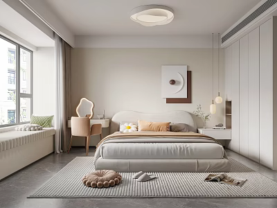 Cozy Modern Bedroom Interior With Bed Wardrobe Dressing Table Bay Window And Rug 3d model