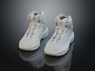 Clean Modern White High Top Sneakers With Mesh Design And Laces On Black Reflective Surface 3d model